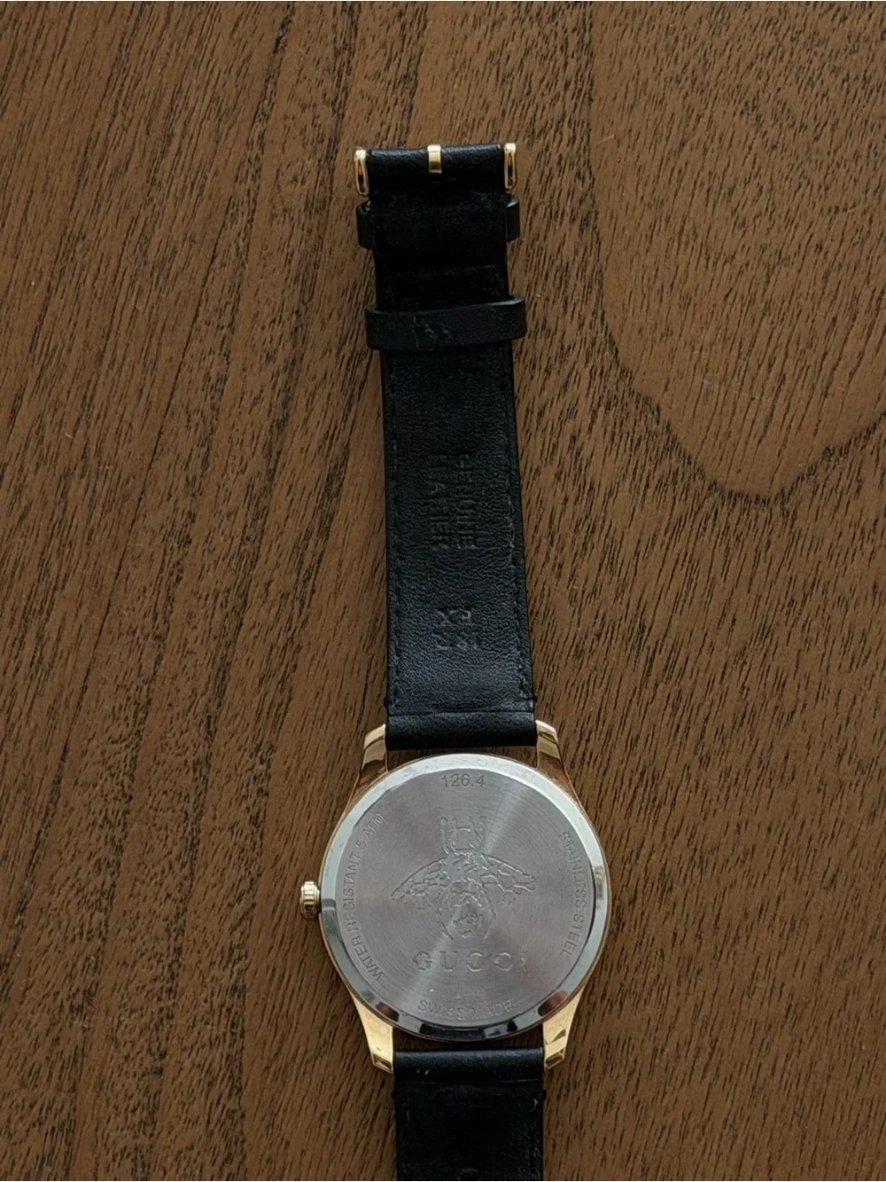 Gucci Black Leather Strap Gold-Tone Case Watch with Mother-of-Pearl Dial